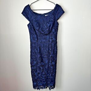 JS Collections Navy Cap Sleeve Lace Midi Dress Womens Size 2